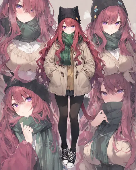  masterpiece, detailed image, perfect human anatomy, very detailed eyes, vivid colors, 4k, a beautiful woman (beautiful curves) with long red hair wavy at the ends, purple eyes, wearing winter clothes: a padded jacket light blue color at waist height, a gr...
