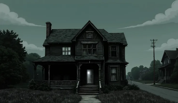A dimly lit, abandoned suburban house in the late afternoon, overgrown weeds in the yard, dusty windows, slightly open front door, eerie stillness, faded curtains behind the windows, old wooden porch with peeling paint, cloudy sky, vintage horror atmospher...