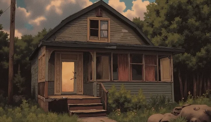 A dimly lit, abandoned suburban house in the late afternoon, overgrown weeds in the yard, dusty windows, slightly open front door, eerie stillness, faded curtains behind the windows, old wooden porch with peeling paint, cloudy sky, vintage horror atmospher...