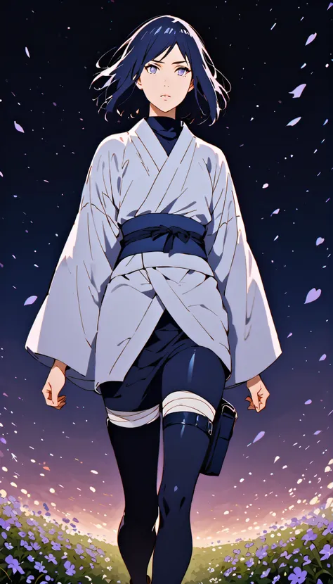 (((IZUMI NASE))), a feminine woman, walking confidently through a field filled with violet flowers, at night, moon background, Style should closely match Naruto or other shounen anime, with accurate anatomy, realistic facial proportions, and clean linework...