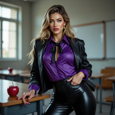 sexy blonde teacher, empty classroom, shiny pvc latex pants, purple blouse, bolero, tie, leaning against her desk, apple on her desk