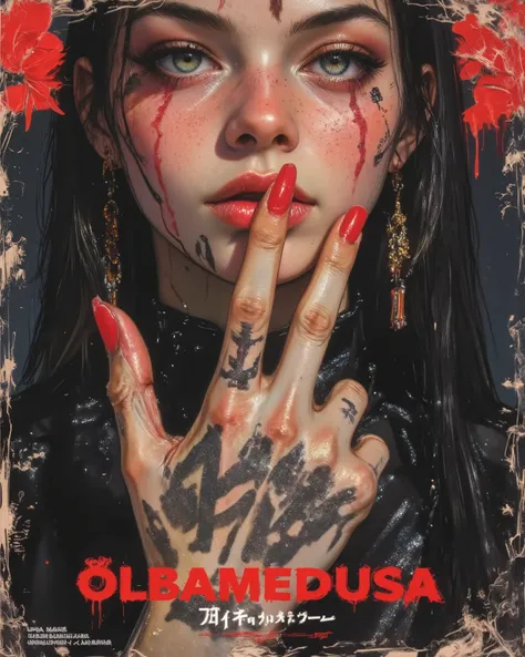 wicked, Dark and Dangerous Picture Book World！、((Dangerous World:1.2)) fashion photograph、((Movie poster: "Olbamedusa" Olbamedusa presents:1.2))、portrait,a young woman, photorealistic, Later ,genuine leather  ,best quality ,  super fine ,mafia  ,facial tat...