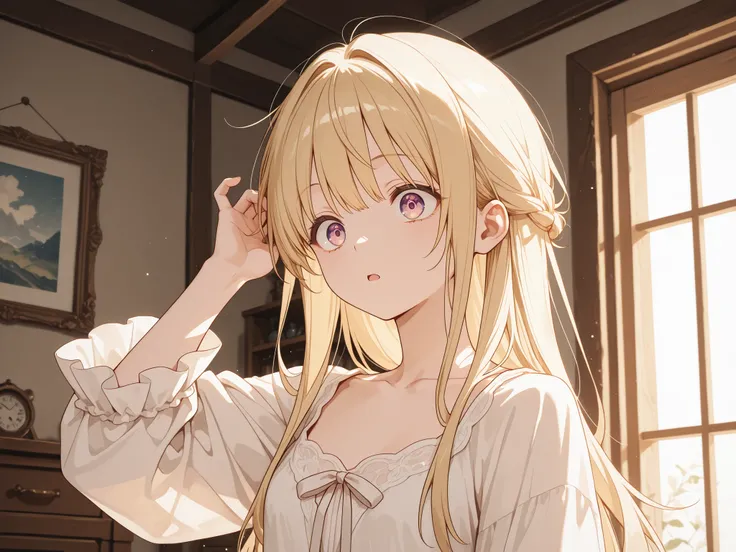 A young woman with long, straight blonde hair, parted in the middle with a slight wave at the ends, similar to Mahiru Shiina's hairstyle. She is wearing a loose white nightgown with long, ruffled sleeves and a square neckline. Her hands are raised above he...