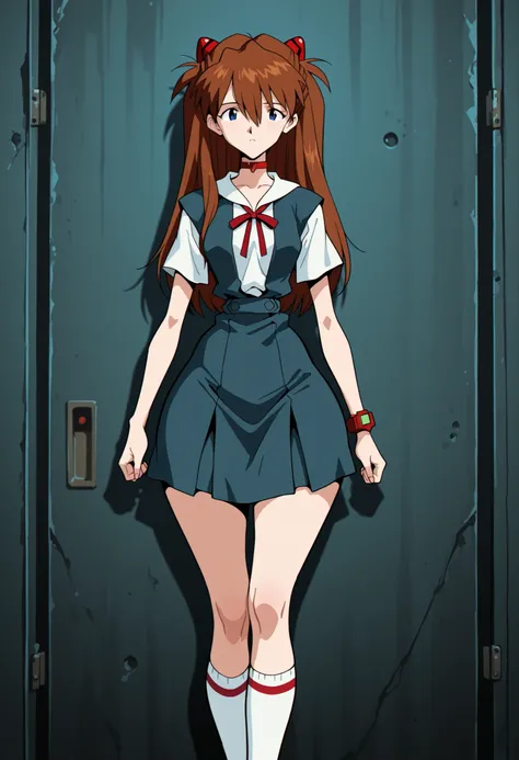 
 asuka langley souryu, long hair, reddish brown hair. dark blue eyes, hair between eyes, straight hair, small breasts, skinny body, huge hips, wide hips, red Interface Headset evangelion,| 1 girl. solo. The school uniform, which consists of a dark blue pl...