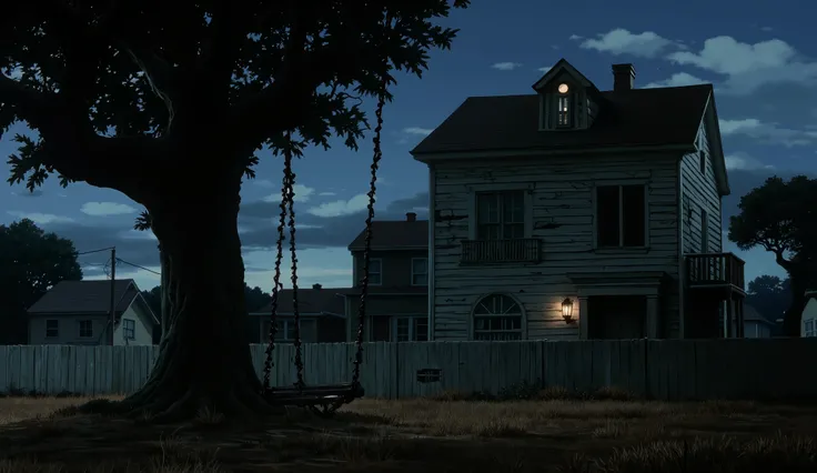 A two-story suburban house with peeling white paint, viewed from the backyard during dusk, dark heavy clouds in the sky, a large old mango tree with a creaky swing hanging from it, the swing caught mid-swing as if moving violently despite no wind, dry gras...