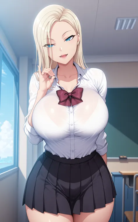 (masterpiece), (portrait), big breasts (aesthetics), ((1 female 21 years old)), ((long hair)), ((Hot blonde hair, blowjob gesture)), straight hair, thin eyes open, blue eyes, cute, female, woman, malicious smile, beautiful, female features, top, high quali...