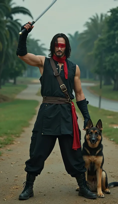 Keanu Reeves como Kenshi Prompt: Keanu Reeves as Kenshi from Mortal Kombat with his sword, his eyes blindfolded with red cloth, in a park with a road and a German shepherd dog with a hyper realistic background and upper body in 8k