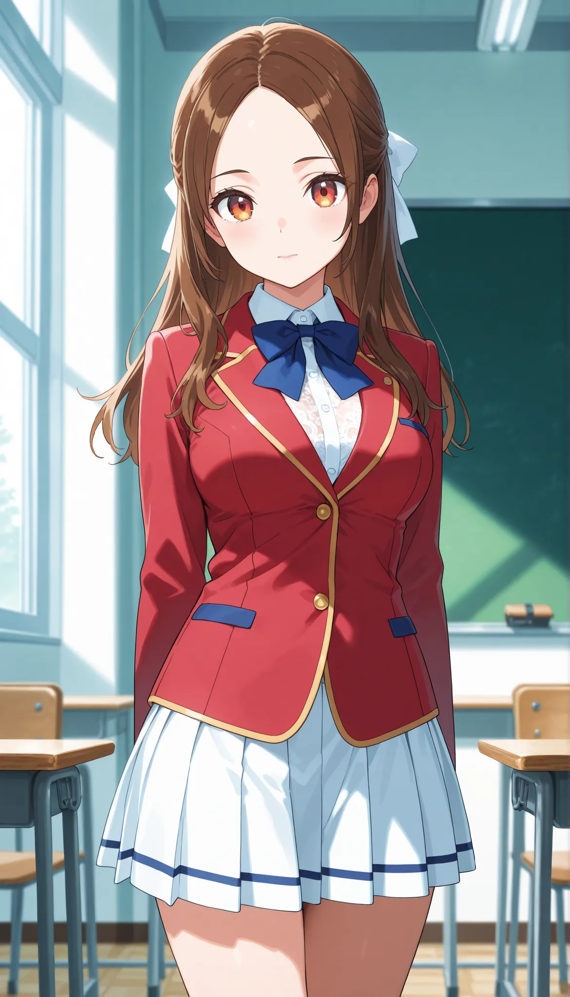  Masterpiece, hd, best quality, 1girl, kiyotaka_ayanokouji, long hair, hair bow, brown hair, medium breasts , forehead, parted bangs, school uniform, red blazer, blue bowtie , white lace shirt, white pleated skirt,thigh, standing ,model posing, indoor ,glo...