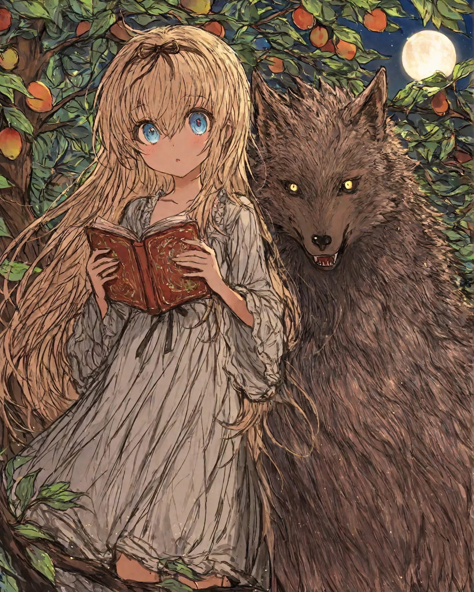  On a full moon night in a small Brazilian town, a girl in a long nightgown holds an old book of folktales. She stands under a fig tree, eyes glowing faintly. In the shadows behind her, a humanoid wolf creature watches—its fur bristled, eyes red. The wind ...