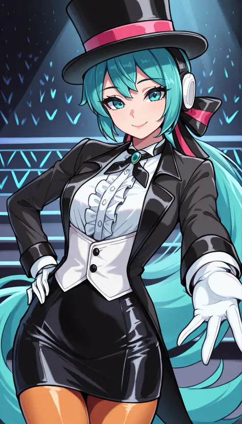 masterpiece, best quality, cowboy shot, solo, 1girl, magicianmiku, smile, looking at viewer, outstretched arm, hand on own hip, aqua hair, low ponytail, hair ribbon, black headwear, top hat, headphones, aqua eyes, black coat, tailcoat, coattails, open coat...