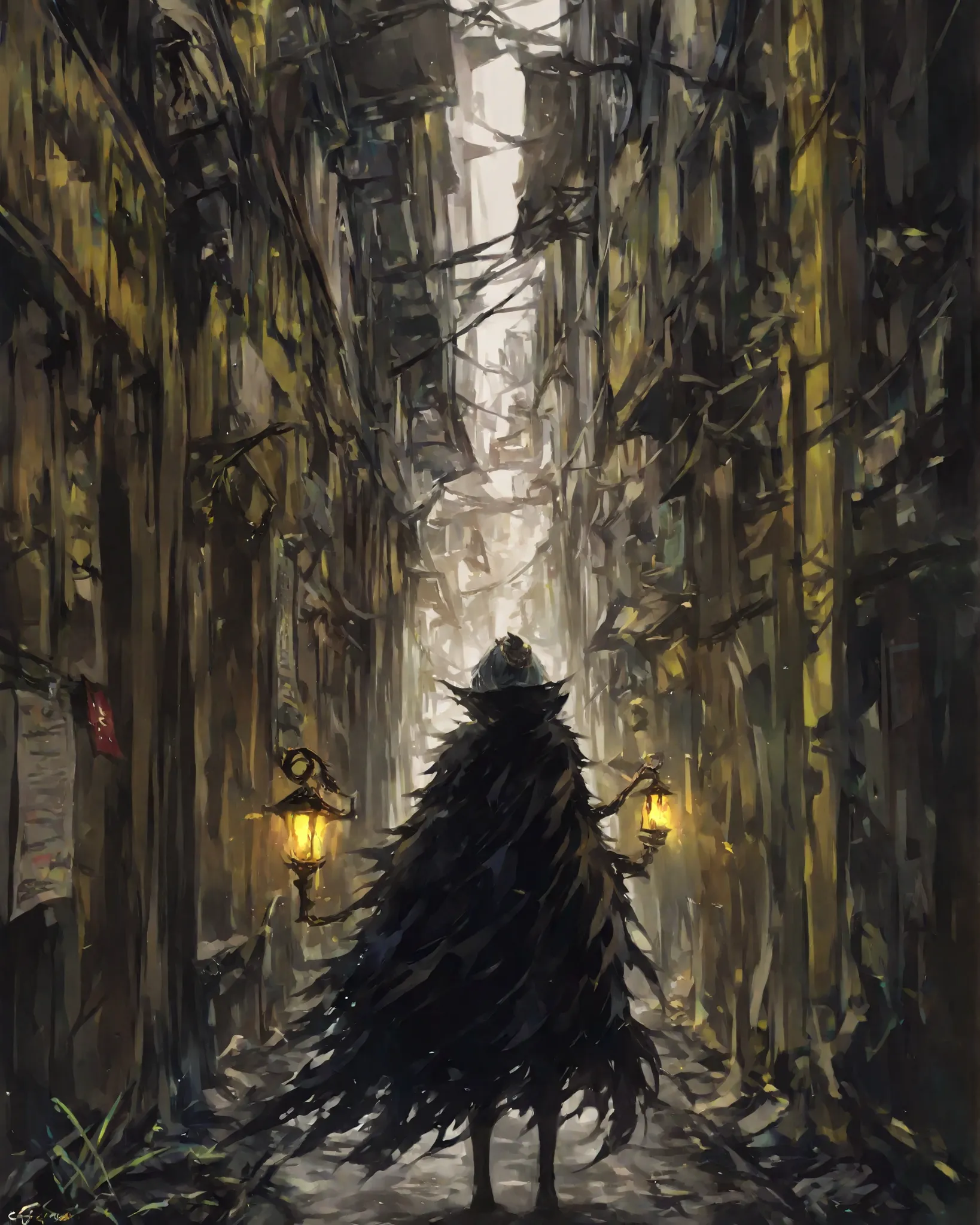 In a forgotten alley lit by an old yellow streetlight, a girl whispers a story while holding a flickering lantern. From behind, the silhouette of the 'Velha da Capa Preta' looms—an old woman in a long black cloak, face hidden, with claw-like hands reachin...