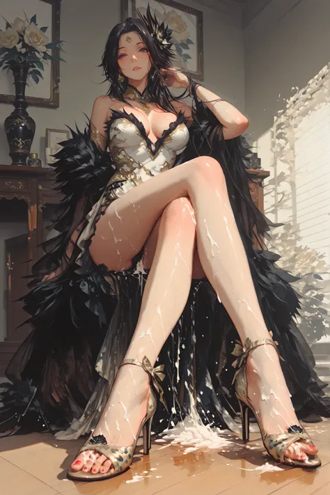 oil and watercolor painting,BV-Illu,Extremely beautiful woman, wearing highheels, with cute feet. A man with a big cock is shooting cum all over her feet