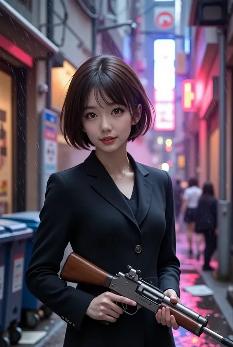 masterpiece, 8k, ultra-photorealistic, cinematic shot.

A hyper-realistic young Japanese girl with a very sweet, delicate, and innocent face. Her large, gentle eyes hold a quiet, melancholic calmness.

She is dressed in a sharp, modern, dark yakuza-style s...