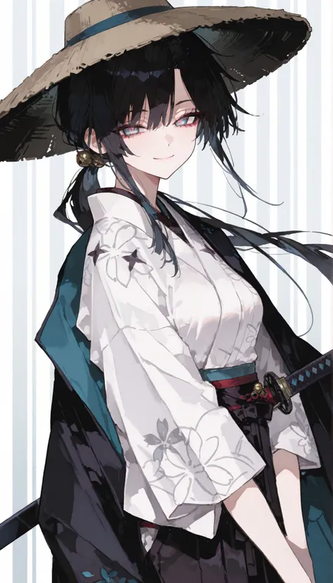girl, black hair,In pretty light blue eyes,slim,viewer view,fall in love,samurai,long hair,The wind,Upper Body Shape,Big eyes,smile,CLEAN TRANSPARENT WHITE KIMONO,black coat,Medium Breasts,ponytail,ผมsamurai, black Hakama,small bell with hair,winged kimono...