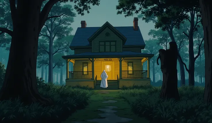 A haunted Southern farmhouse at the edge of an overgrown plantation, surrounded by dark woods and endless dirt paths, the sky unnaturally gray with thick clouds despite daylight, an old wooden stump known as 'the Punishment Post' in the foreground stained ...