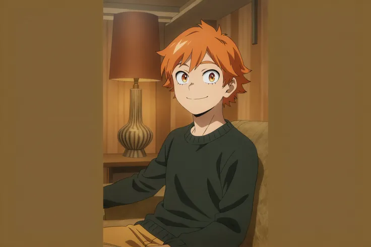 (masterpiece, best quality, anime, anime coloring:1.3, superhigh res, superdetailed).
((Male. My Hero Academia OC, 20-years-old, orange hair, orange eyes, happy face. Detailed lighting, colourful. Detailed and accurate room background.
As My Hero Academi...