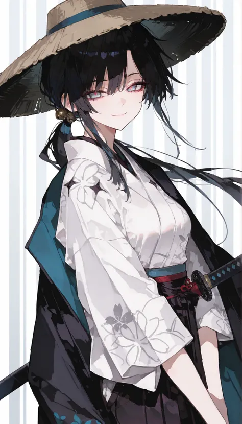 girl, black hair,In pretty light blue eyes,slim,viewer view,fall in love,samurai,long hair,The wind,Upper Body Shape,Big eyes,smile,CLEAN TRANSPARENT WHITE KIMONO,black coat,Medium Breasts,ponytail,ผมsamurai, black Hakama,small bell with hair,winged kimono...