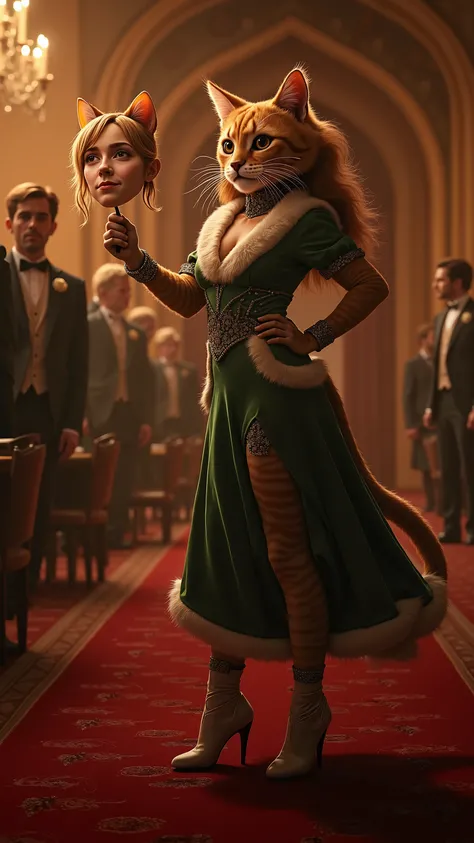 masterpiece, high detailed, perfect light, UHD quality, Hermione Granger in the form of a catgirl (cat face, cat tail, cat ears) stands in the middle of the ballroom and holds a mask with a human girl face in her paw