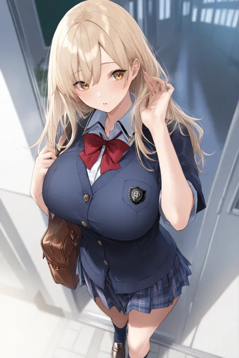 1girl, quality, very aesthetic, ultra-detailed, best illustration,female ,1girl,school uniform, beige blond hair,big breasts, Photographic portrait of beautiful women, standing,loafers