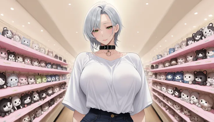 1 woman in the body、Beautiful woman、is cool、mature、Mean、is cool、short hair、 Silver Hair、green eyes、Bad guy、beautiful、detailed、masterpiece、top quality、look down、Slender、shirt、collar、animal plush toy shop
