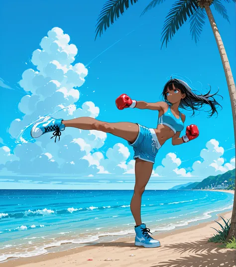 1girl, solo, boxing_gloves, shorts, sports_bra, kicking, midriff, long_hair, black_hair, dark_skin, dark-skinned_female, fighting_stance, simple_background, white_background, outdoors, tree, palm_tree, day, beach, sky, ocean, cloud, scenery, water, blue_sk...