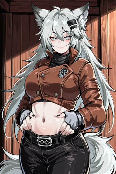 kurenaiz, BREAK, masterpiece, best quality, anatomically correct, wild west, lappl4nd, 1girl, scar across eye, wolf tail, long hair, grey hair, hair between eyes, hairclip, animal ears, grey eyes, long sleeves, grey gloves, fingerless gloves, black jeans, ...