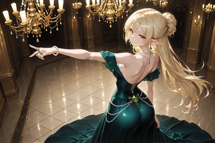 ((Masterpiece)), (high detail), elf, pointed ears, hair style(chignon), defiant smile, off-the-shoulder, glittering dress (red base), full skirt, rococo style, right hand extended. Ring on right ring finger. Pearl necklace, emerald earrings, polished marbl...