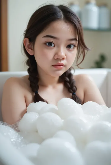Chubby cheeks, chubby cheeks,The facial reaction is very gloomy and sad, CREATE ANIME CARTOON 3D PHOTO, "A highly realistic, ultra-detailed portrait of a woman relaxing in a bubble bath, captured in the best settings of a SONY A7R with a fast prime lens (f...