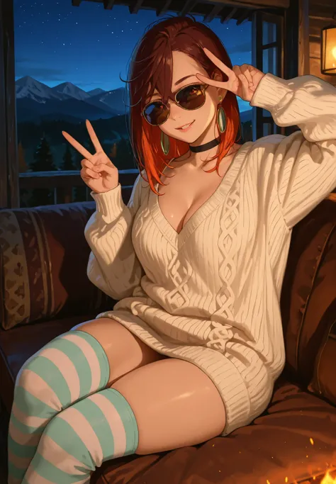 1girl, solo, ayase momo, dandadan, long sweater, striped thigh highs, aviator sunglasses, v, cleavage, naturally sagging medium breasts, sitting on a couch, sexy pose, alluring atmosphere, mountain cabin, night time, beautiful lighting and shadows,BREAK, m...