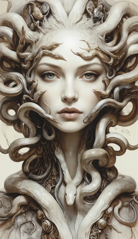   cyberpunk beauty ，Perfect Fusion of Sci-Fi and Gothic Throughout the Body，Wayne Reynolds Paintings  , create：Jeanne Saville ,  Her White Skin Like Porcelain，Hair Becomes Countless Living Snakes，A Symbol of Existence Where Beauty Turns into Fear，It is als...