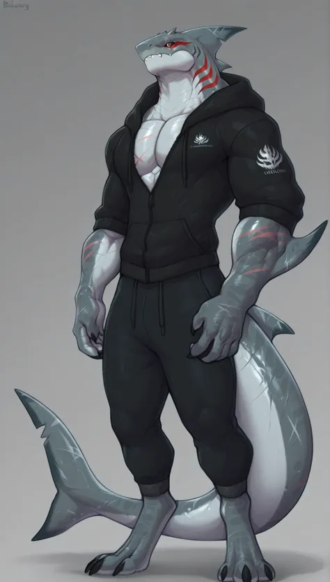 sharkman, anthro megalodon, darker hands and fins, solo, big arms, bara, detailed skin, lizard shark hybrid, anthro, closed mouth, polynesian tattoos, tattoos covering arm and shoulder, detailed scalie skin, scalie arms, fins on arms, gray color body, beef...