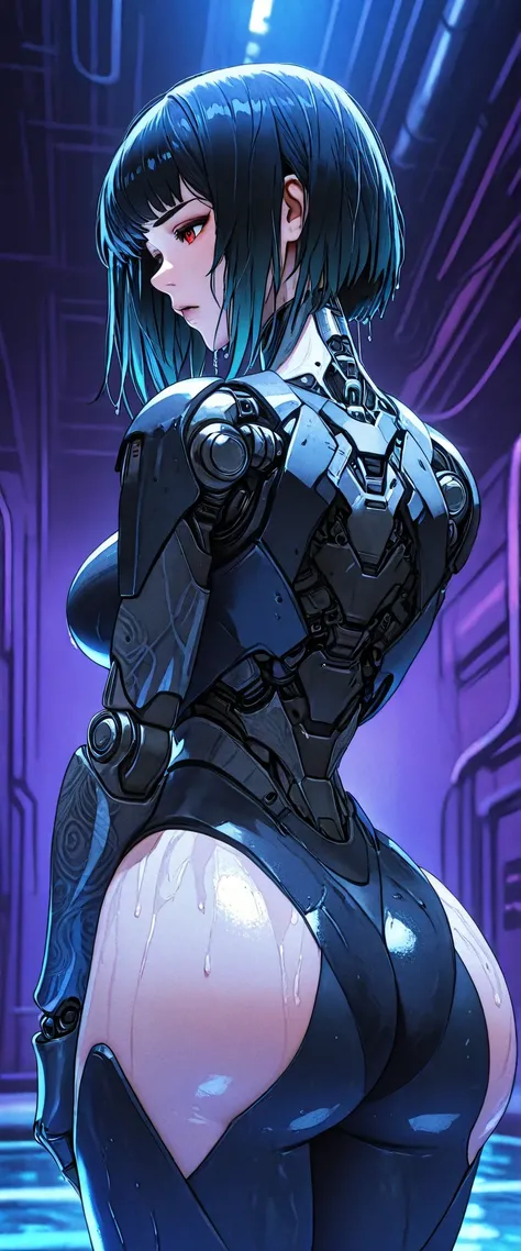 masterpiece, best quality, good quality, very aesthetic, absurdres, newest, 8K, depth of field, focused subject, 
in the style of ckncore, 1girl, solo, breasts, joints, cyberpunk, wet, back pose