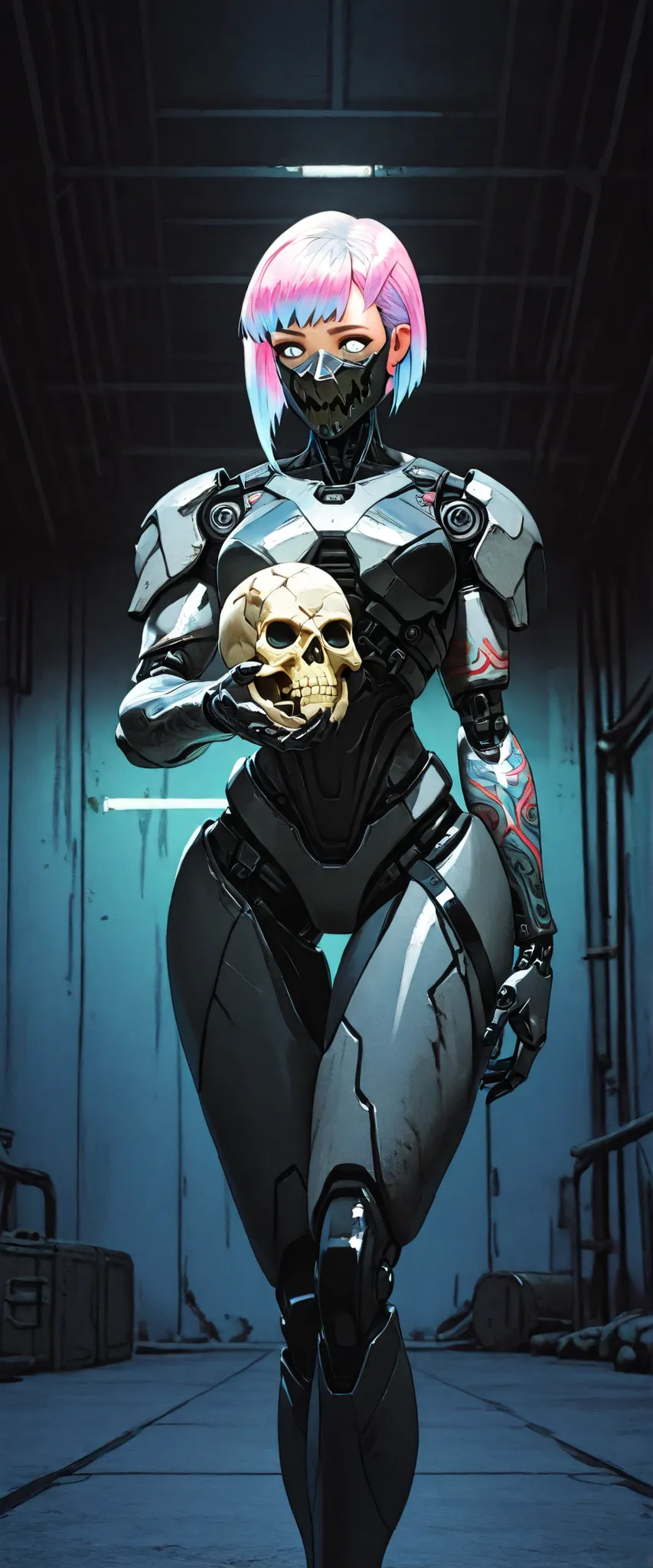 a girl, cyberpunk, theme:/(fancy/), barracks, metal mask, face mask, Alone , cyborg, skull, looking at the spectator, multicolored hair, white eyes, holding skull, exoskeleton