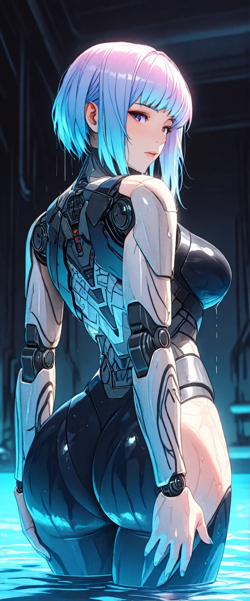 masterpiece, best quality, good quality, very aesthetic, absurdres, newest, 8K, depth of field, focused subject, 
in the style of ckncore, 1girl, solo, breasts, joints, cyberpunk, wet, back pose 