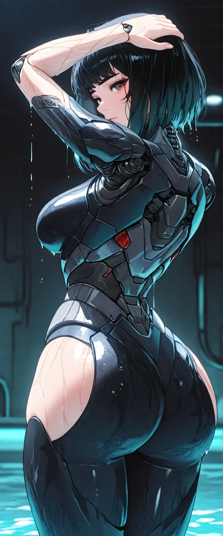 masterpiece, best quality, good quality, very aesthetic, absurdres, newest, 8K, depth of field, focused subject, 
in the style of ckncore, 1girl, solo, breasts, joints, cyberpunk, wet, back pose 