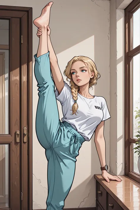 barefoot, braid, standing, watch, 1girl, blonde_hair, shirt, solo, split, standing_on_one_leg, pants