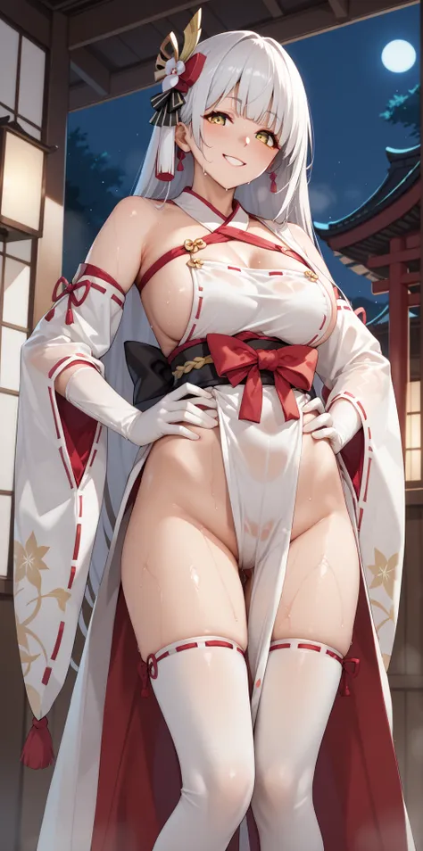 1girl, solo, long hair, chest, smile, Bang, large chest,Yellow Eyes, ruanyi1040,bare skin shoulders,Disconnect,Clothes cutouts,detachable sleeve with resume,miko,ribbon trim legwear,Wedgie, Japanese temples, Indoor, night, seductive smile, Shining Eyes, wa...