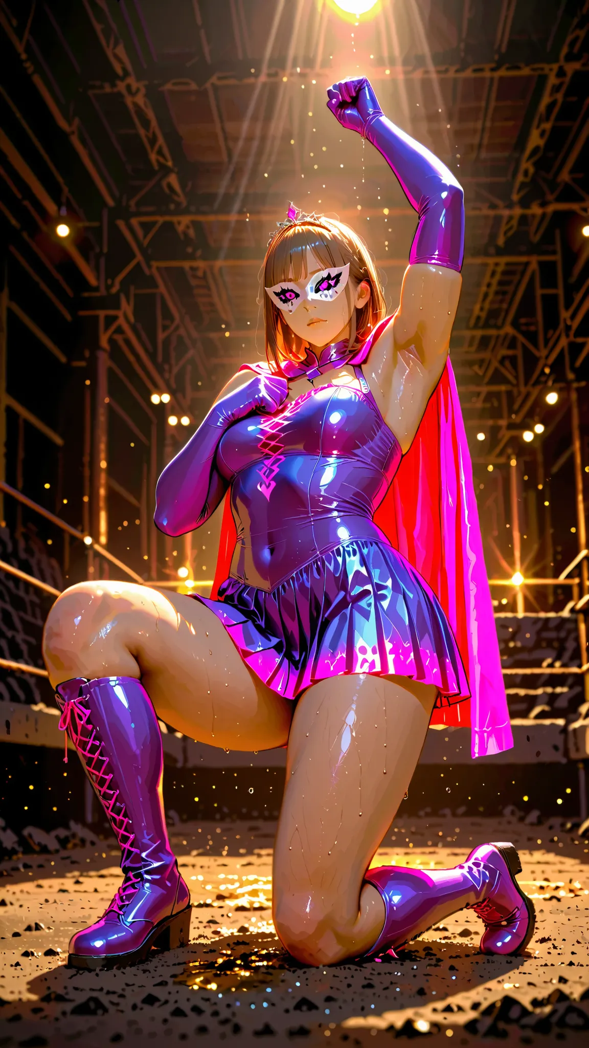 仮面舞踏会, (((from below))), kneeling, pastel color, wrestling outfits mixed (((intricate))) ((sexy dress)), tiara, too short pleated skirt, muscle, knee up, thick thigh, wrestling boots, wide hip, bate navel, elbow gloves, perfect hand, 1armpit, right hand on...