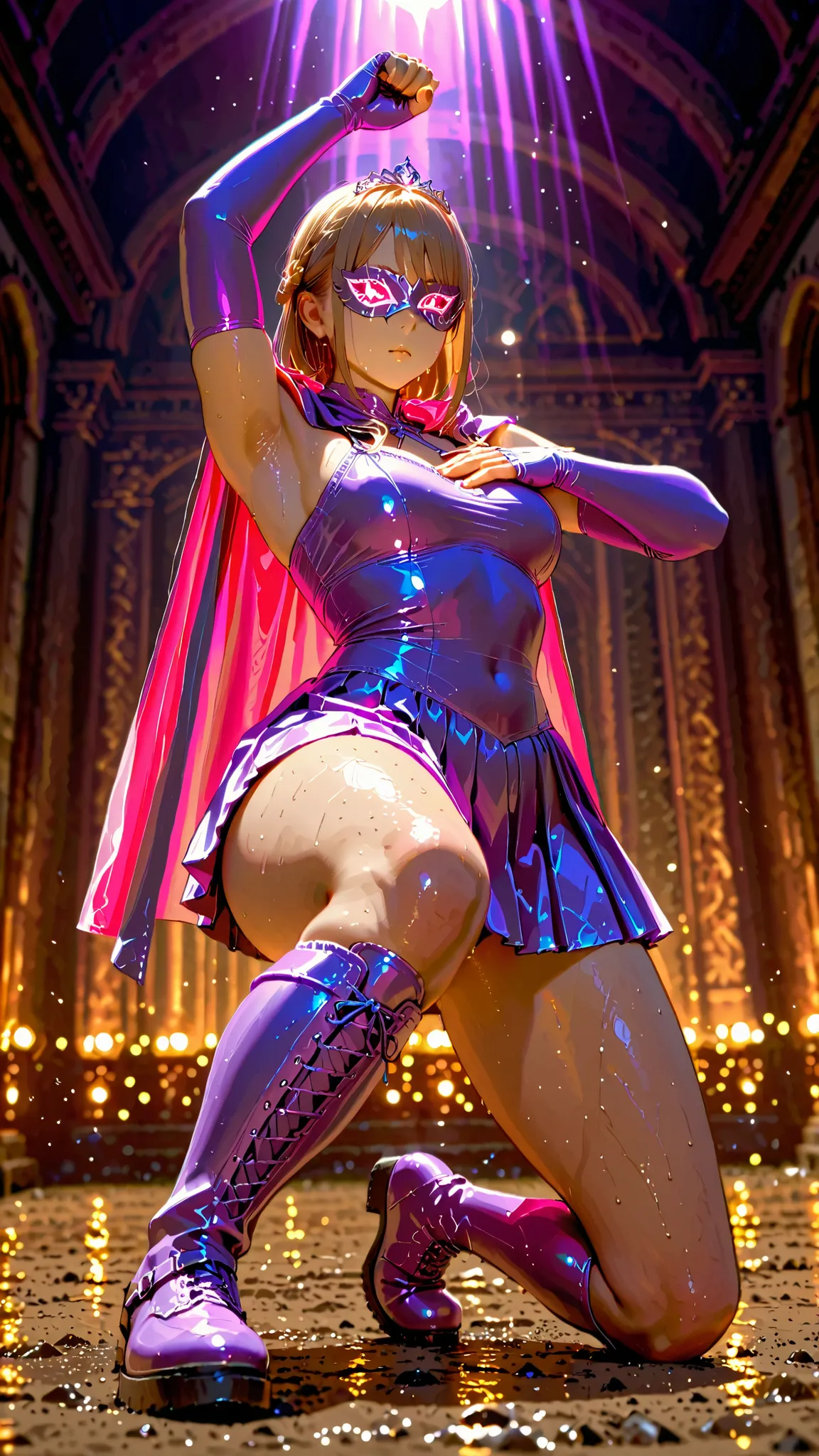 Young female, 仮面舞踏会, (((from below))), kneeling, pastel color, wrestling outfits mixed (((intricate))) ((sexy dress)), tiara, too short pleated skirt, muscle, knee up, thick thigh, wrestling boots, wide hip, bate navel, elbow gloves, perfect hand, 1armpit,...