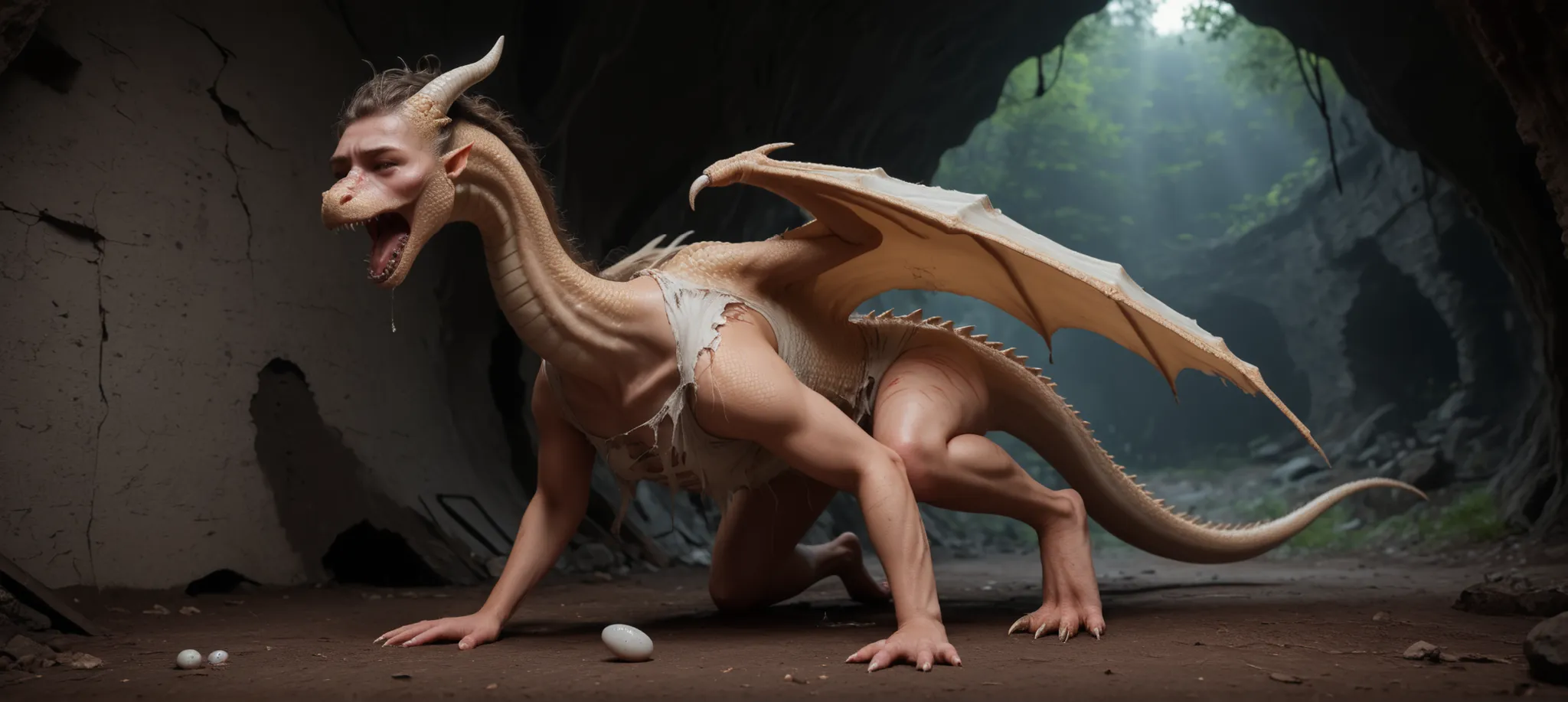 view from ground, low angle, head to ground, sitting on floor, cough:1.2, lean on wall, against a wall, long body, long neck, [human head: snout:0.9],  hair:1.2, face, own legs, wings, transformation, TF, human morfing into dragon:1.3, feral dragon, tail, ...