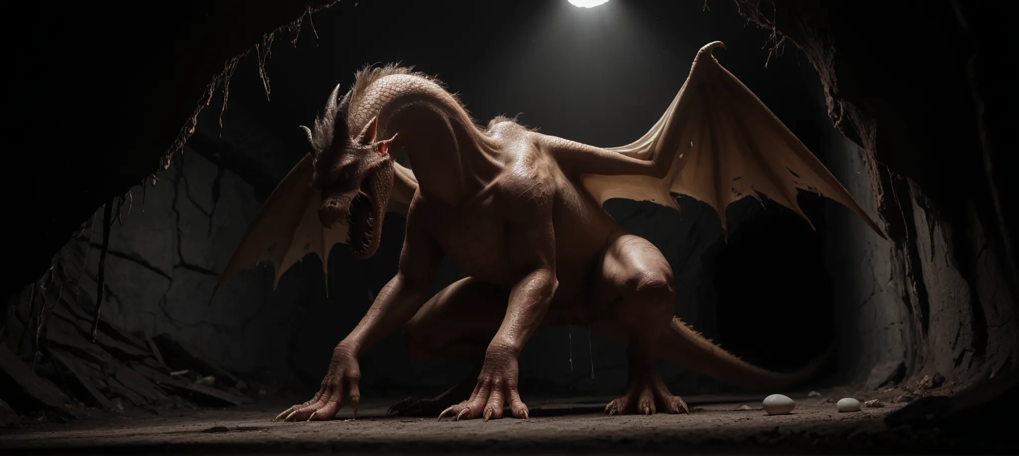 view from ground, low angle, head to ground, sitting on floor, cough:1.2, lean on wall, against a wall, long body, long neck, [human head: snout:0.9],  hair:1.2, face, own legs, wings, transformation, TF, human morfing into dragon:1.3, feral dragon, tail, ...