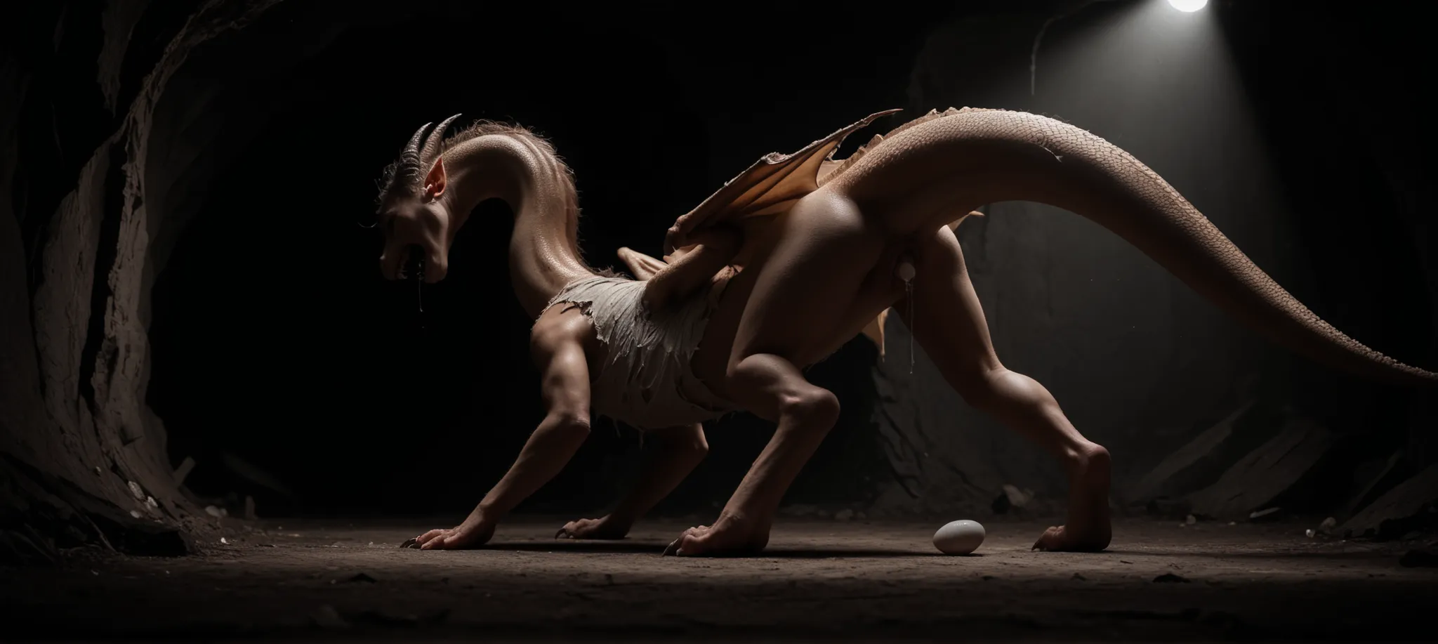 view from ground, low angle, head to ground, sitting on floor, cough:1.2, lean on wall, against a wall, long body, long neck, [human head: snout:0.9],  hair:1.2, face, own legs, wings, transformation, TF, human morfing into dragon:1.3, feral dragon, tail, ...