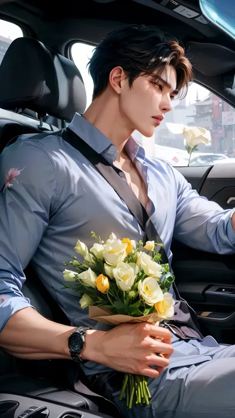 there is a man sitting in a car with a bouquet of flowers, artwork in the style of guweiz, carrying flowers, guweiz, holding flowers, with flowers, digital art of an elegant, anime handsome man, cai xukun, beautiful androgynous prince, handsome stunning re...