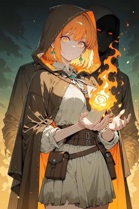 A mysterious figure exudes an aura of magic and intrigue. The character wears a dark, hooded cloak that drapes over a rugged tunic, giving off a medieval or fantasy vibe. Straps and belts wrap around the chest and waist, securing a pouch at their side. A s...