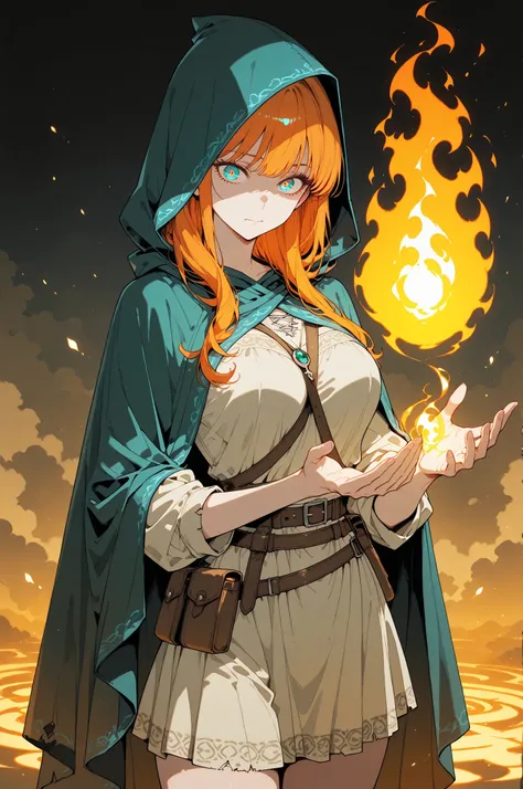 A mysterious figure exudes an aura of magic and intrigue. The character wears a dark, hooded cloak that drapes over a rugged tunic, giving off a medieval or fantasy vibe. Straps and belts wrap around the chest and waist, securing a pouch at their side. A s...