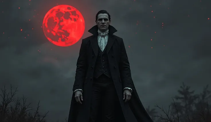Gothic and classic male Vampire  in red full moon in the night sky