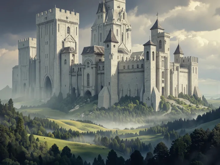 image of medieval Europe，Large white castle，fantastic atmosphere，Overwhelming Scale