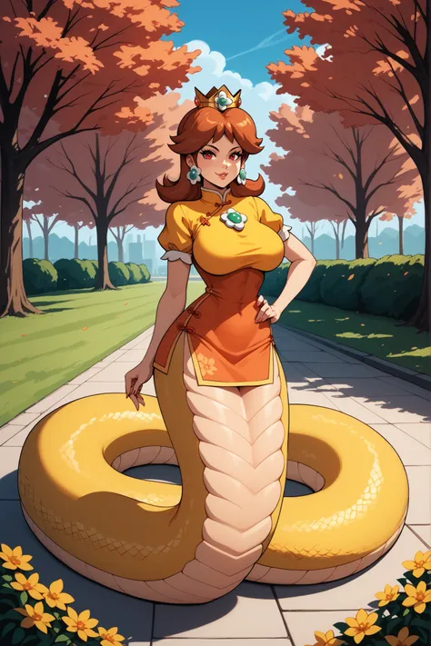 Princess Daisy, A girl, Alone, High resolution, 8K, perfect face, full body, big breasts, thin waist, large hips, mujer sensual, Waifus, hot, ecchi, hentai,  Sexy Cartoon , drawing, anime-style, red chinese clothes, lamia,  yellow snake tail with orange st...