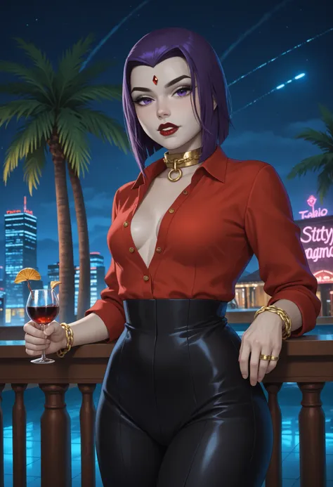 rachel roth, colored skin, grey skin, purple hair, medium hair, forehead jewel, purple eyes, small breast, huge hips, dark red lips.| GTA tyle: Tony Montana, in his early 40s with olive skin, stands confidently on the balcony of a lavish Miami mansion at n...
