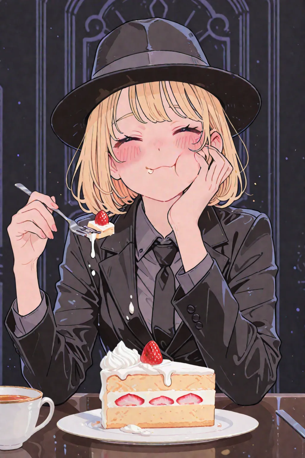 Masterpiece, high resolution, highest quality, flat colors, one girl, mafia boss, cute girl, mafia suit, fedora hat, happy, melting expression, blonde, eating cake, holding a fork with half-eaten cake in her right hand, holding her cheek with one hand, blushing, half-eaten shortcake and tea on the table, shortcake is decreasing, front view, wonderful details, wonderful physique, wonderful illustration